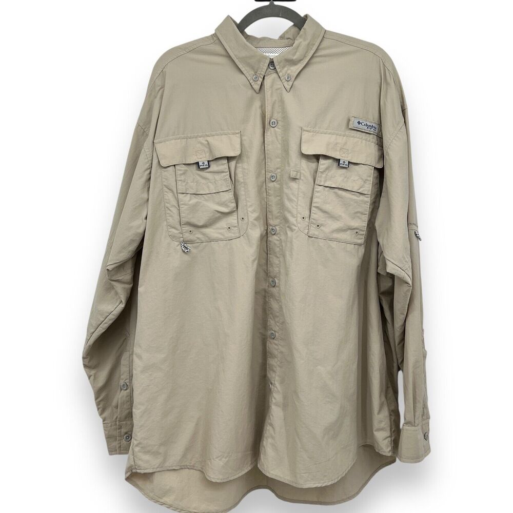 Columbia PFG Fishing Cargo Shirt Vented Button Down Sz XL Beige Khaki